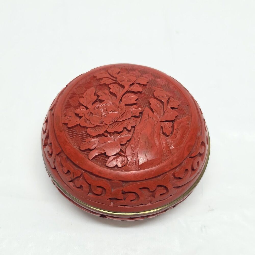 Vintage Chinese Carved Cinnabar Lacquer Trinket Box Floral Blue Enamel Interior
